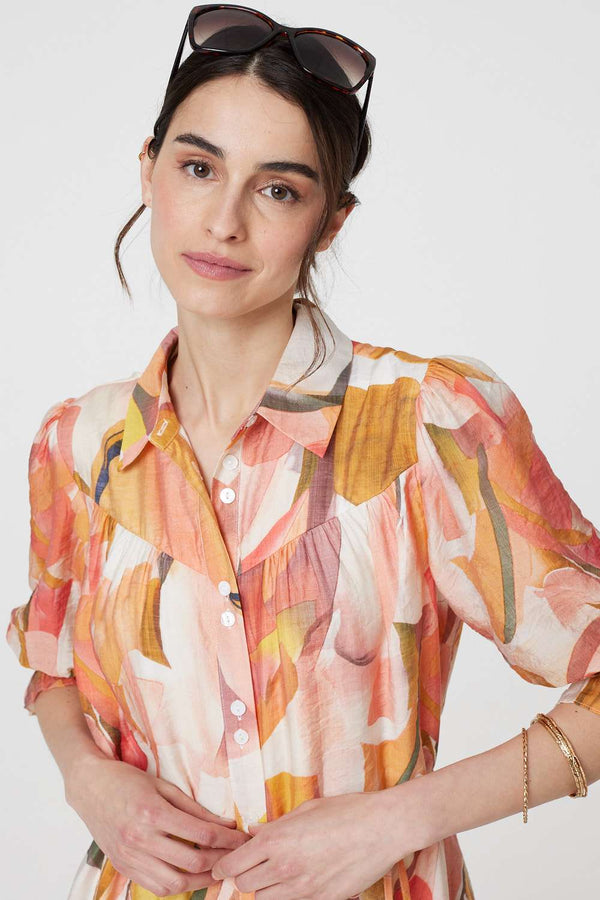 Orange | Printed 3/4 Puff Sleeve Shirt Dress