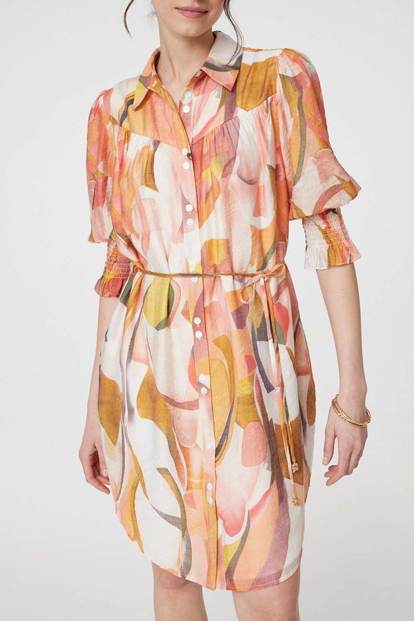 Orange | Printed 3/4 Puff Sleeve Shirt Dress