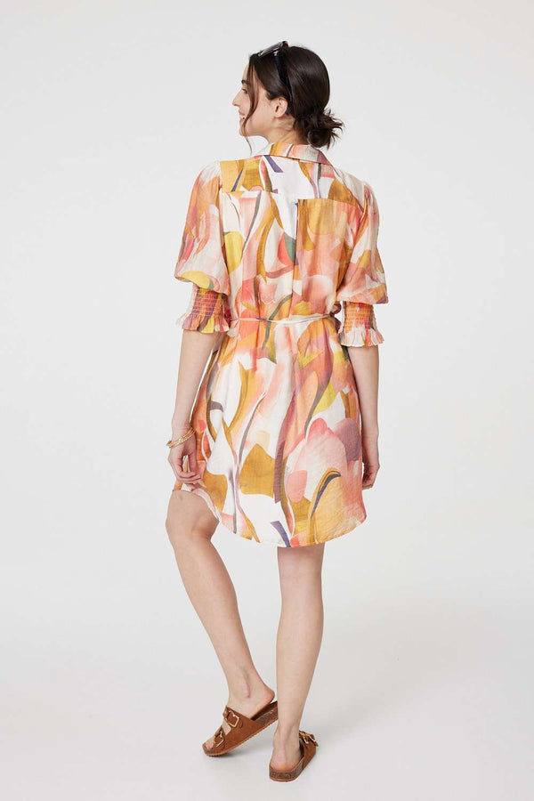 Orange | Printed 3/4 Puff Sleeve Shirt Dress