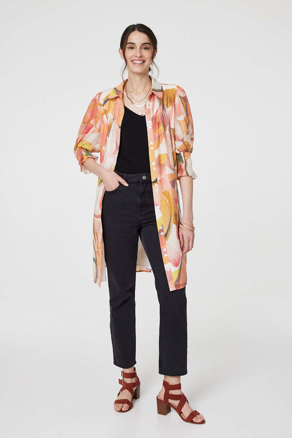 Orange | Printed 3/4 Puff Sleeve Shirt Dress