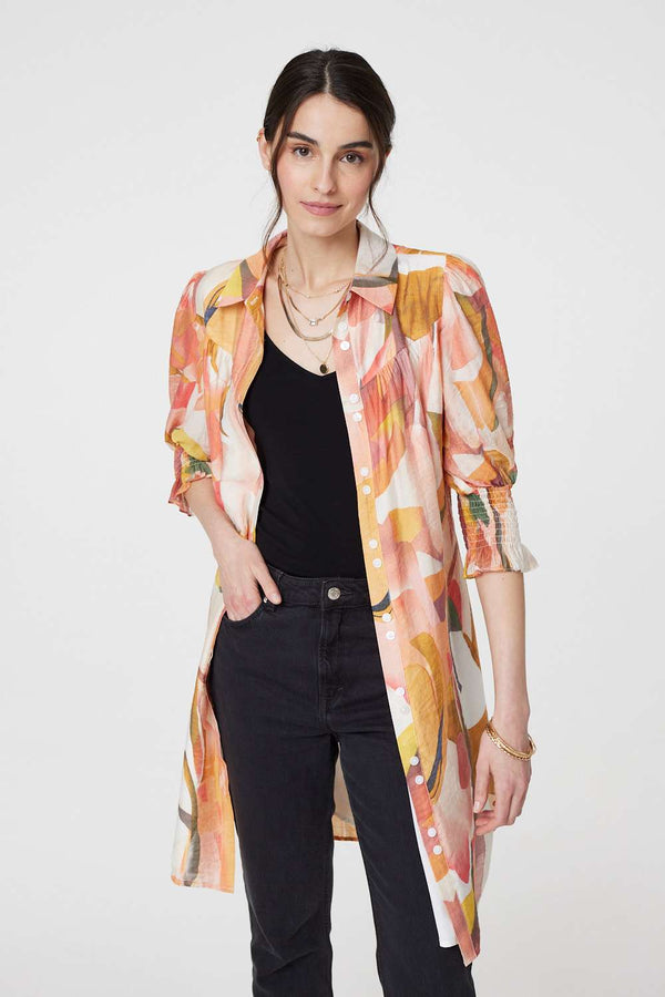 Orange | Printed 3/4 Puff Sleeve Shirt Dress