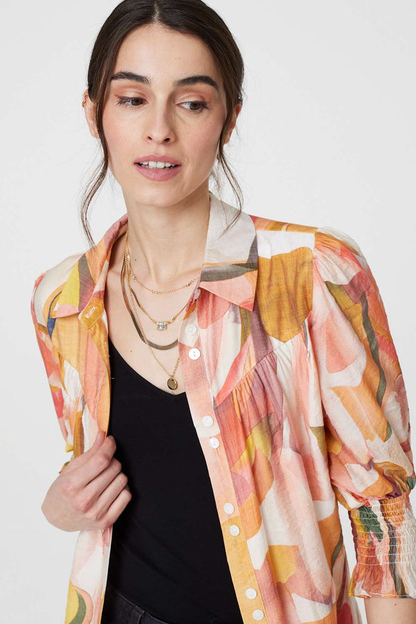 Orange | Printed 3/4 Puff Sleeve Shirt Dress