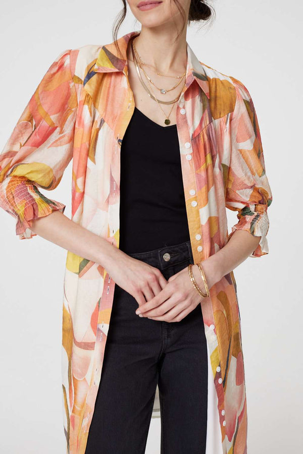 Orange | Printed 3/4 Puff Sleeve Shirt Dress