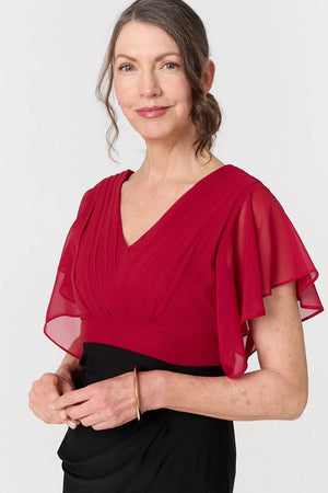 Red | Colour Block Sheer Sleeve Midi Dress
