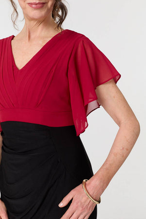 Red | Colour Block Sheer Sleeve Midi Dress
