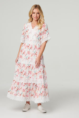 White | Floral  Lace Detail Maxi Dress : Model is 5'10