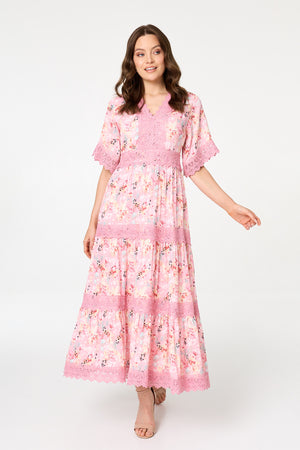 Pink | Floral  Lace Detail Maxi Dress : Model is 5'9