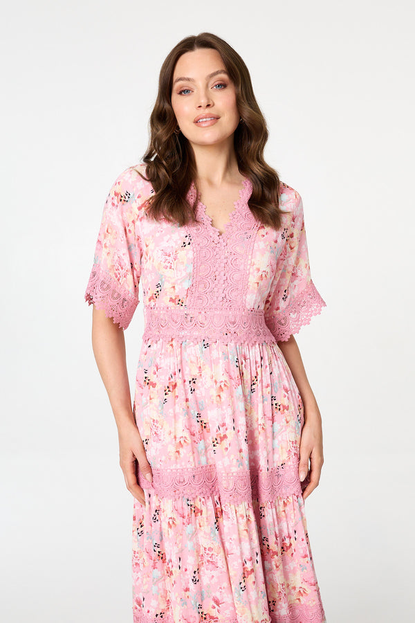 Pink | Floral  Lace Detail Maxi Dress