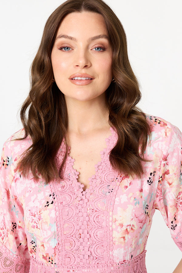 Pink | Floral  Lace Detail Maxi Dress