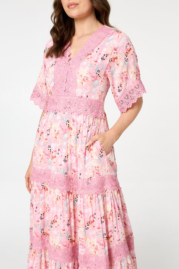 Pink | Floral  Lace Detail Maxi Dress