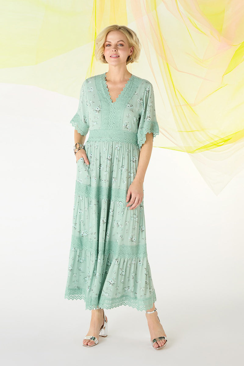 Light Green | Floral Lace Tiered Maxi Dress : Model is 5'10"/178 cm and wears UK10/EU38/US6/AUS10