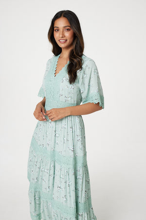 Light Green | Floral Lace Tiered Maxi Dress