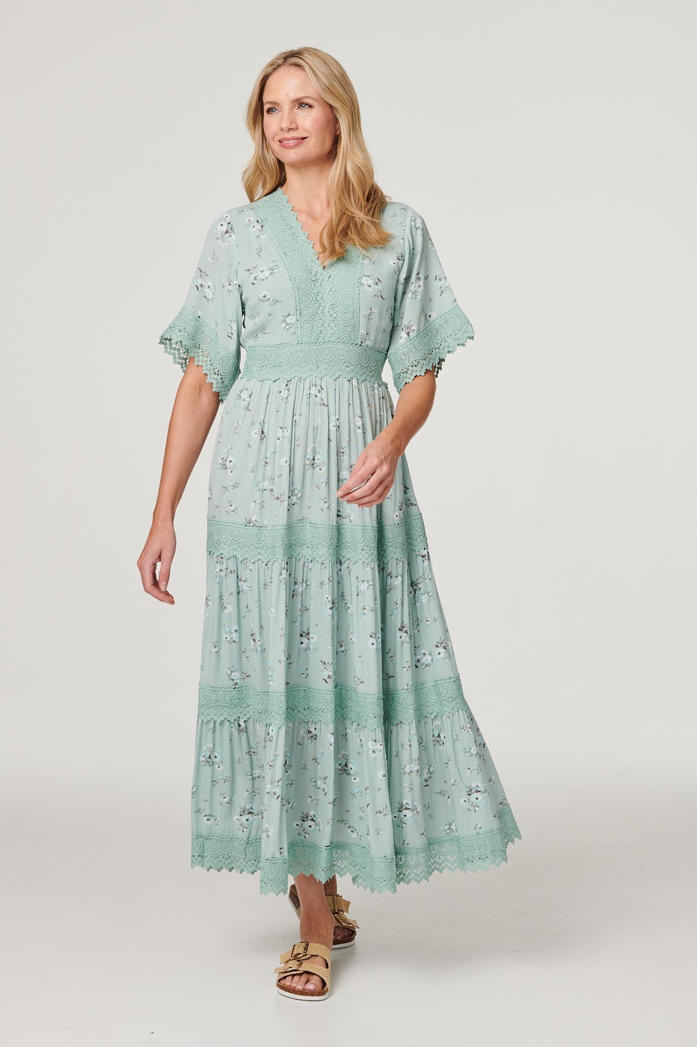 Light Green | Floral Lace Tiered Maxi Dress : Model is 5'10"/178 cm and wears UK10/EU38/US6/AUS10