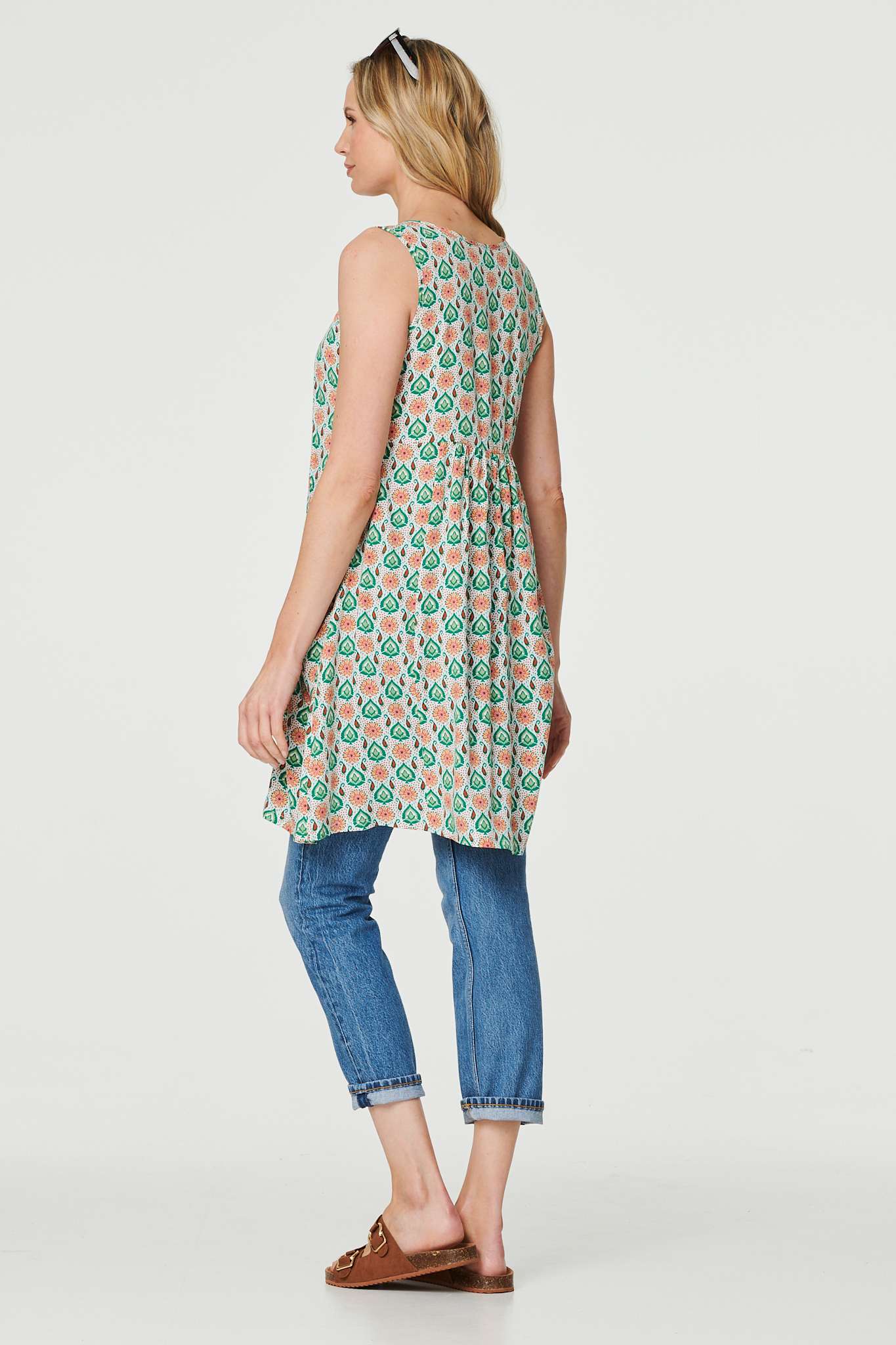 Green | Printed Sleeveless Sun Dress