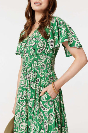 Green | Paisley Print Angel Sleeve Dress