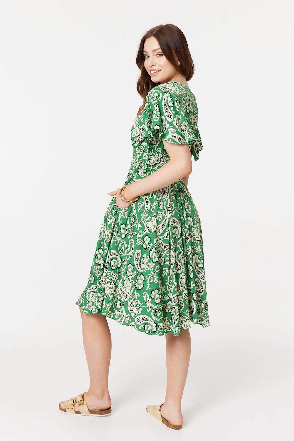 Green | Paisley Print Angel Sleeve Dress