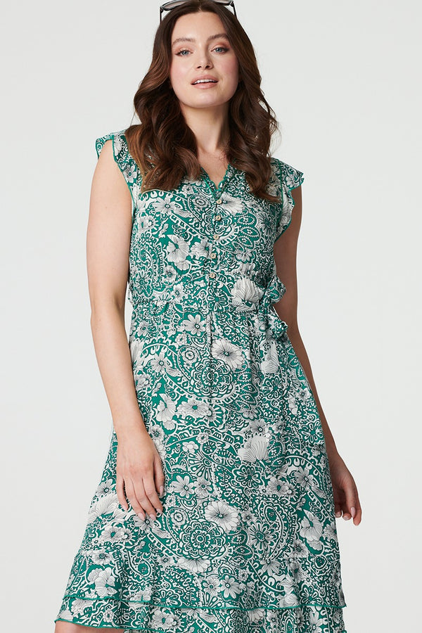 Green | Paisley Frill Hem Cap Sleeve Dress