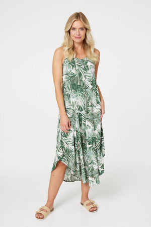 Green | Leaf Print Hanky Hem Midi Dress