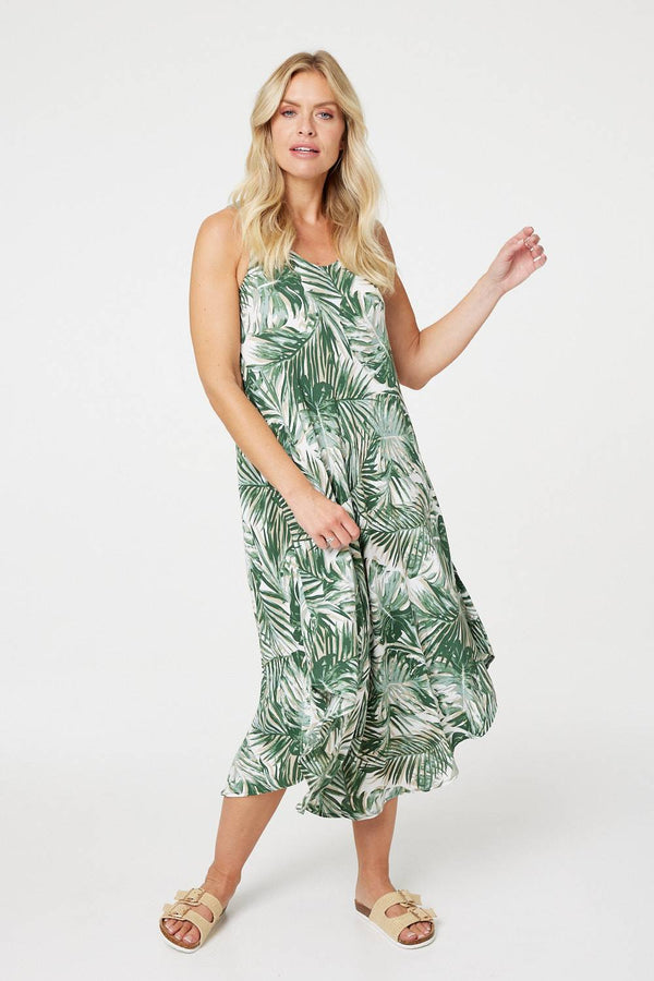 Green | Leaf Print Hanky Hem Midi Dress