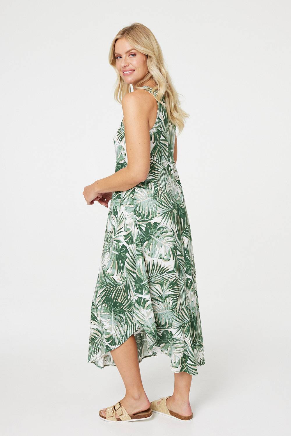 Green | Leaf Print Hanky Hem Midi Dress