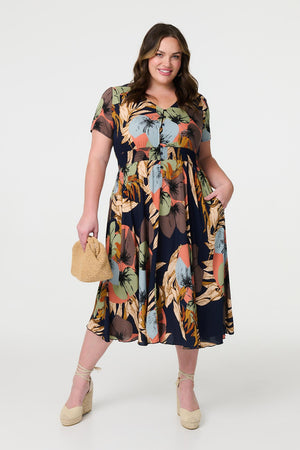 Navy | Floral Print Short Sleeve Midi Dress