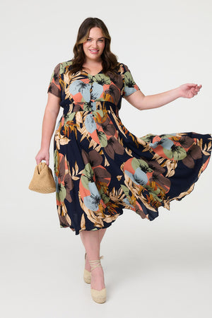 Navy | Floral Print Short Sleeve Midi Dress