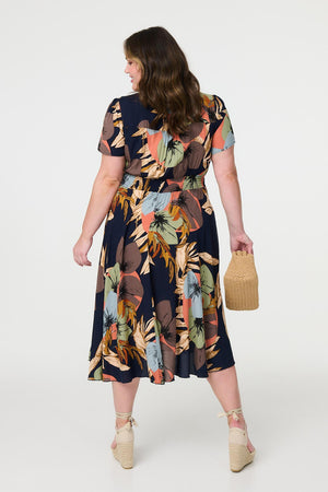 Navy | Floral Print Short Sleeve Midi Dress