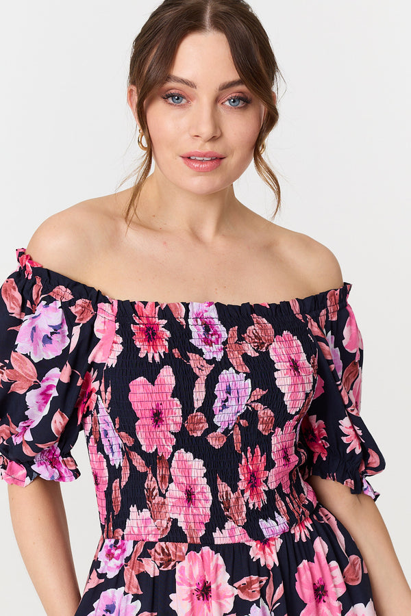 Navy | Floral Puff Sleeve Bardot Midi Dress
