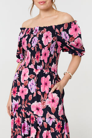 Navy | Floral Puff Sleeve Bardot Midi Dress
