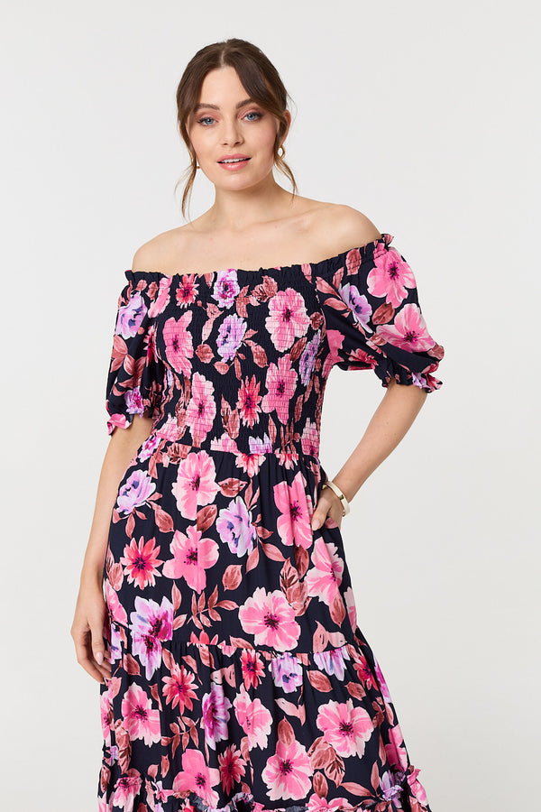 Navy | Floral Puff Sleeve Bardot Midi Dress
