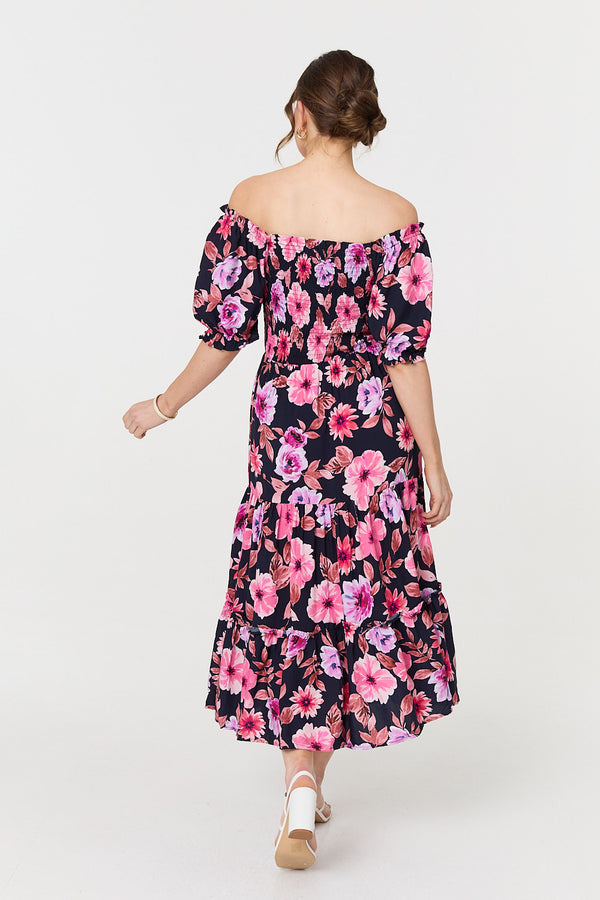 Navy | Floral Puff Sleeve Bardot Midi Dress
