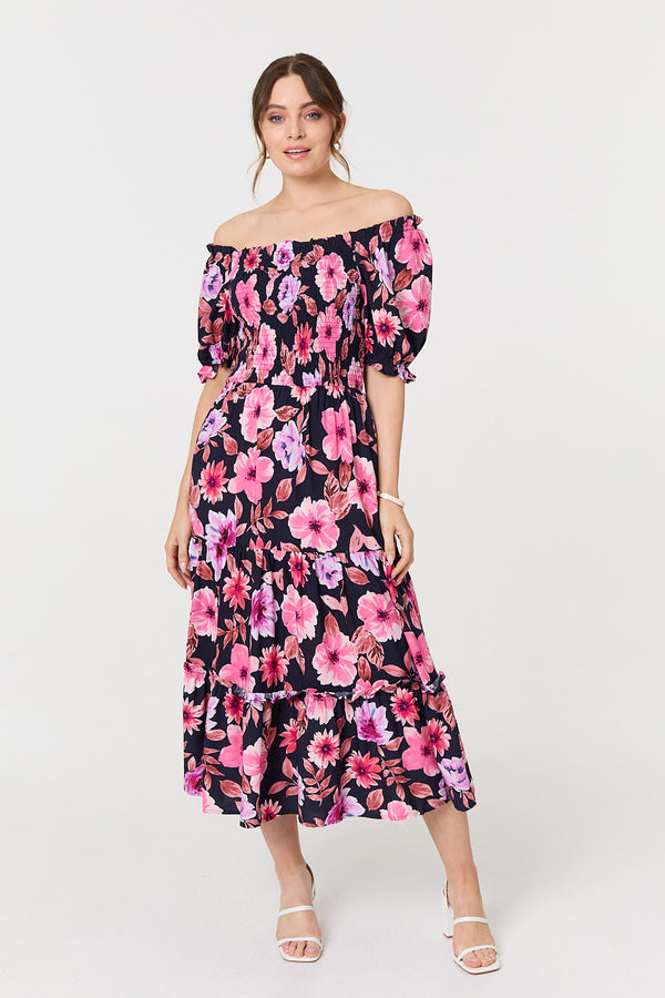 Navy | Floral Puff Sleeve Bardot Midi Dress
