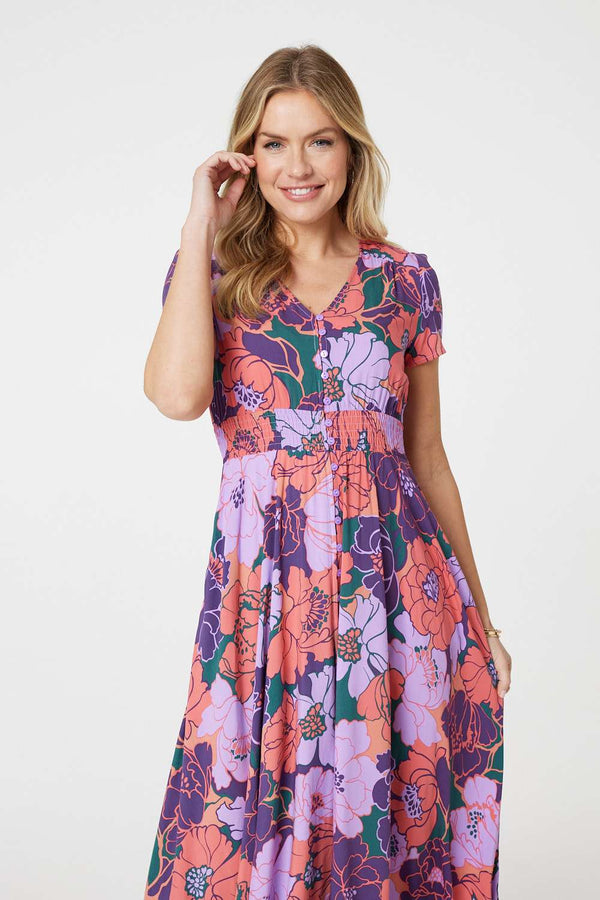 Purple | Floral Shirred V-Neck Maxi Dress