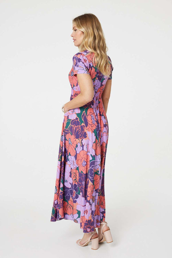 Purple | Floral Shirred V-Neck Maxi Dress