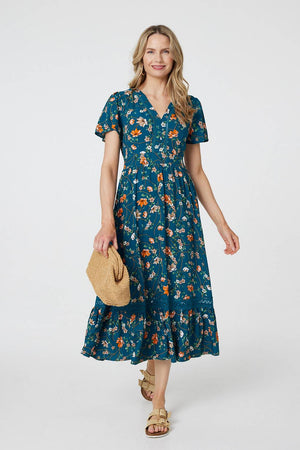 Teal | Floral Lace Trim Short Sleeve Midi Dress : Model is 5'10