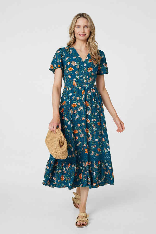 Teal | Floral Lace Trim Short Sleeve Midi Dress