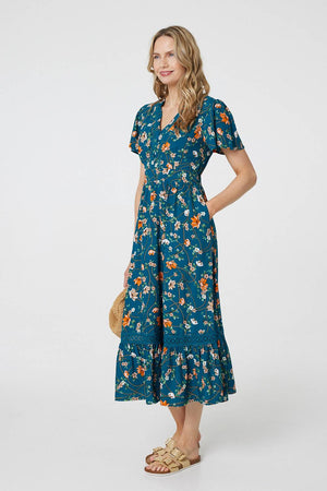 Teal | Floral Lace Trim Short Sleeve Midi Dress