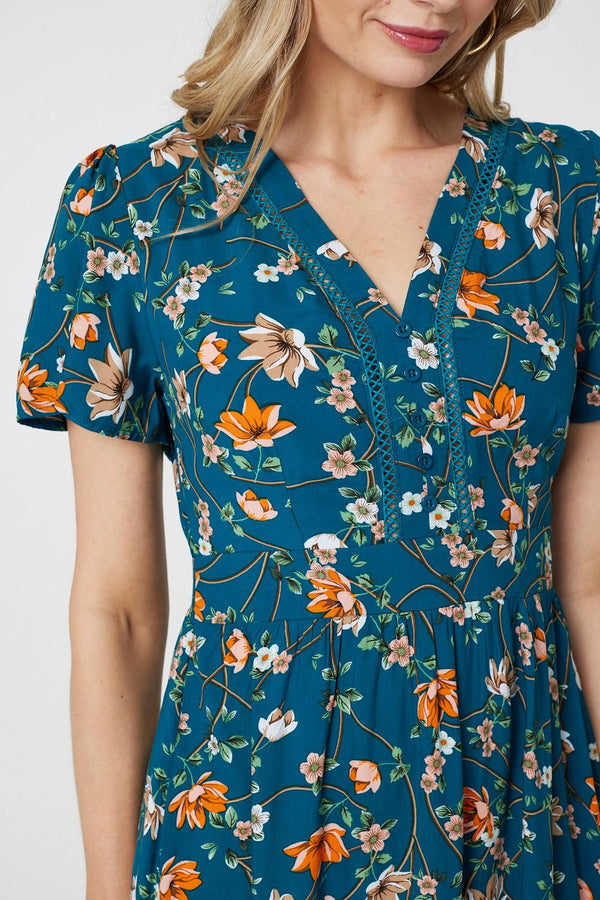 Teal | Floral Lace Trim Short Sleeve Midi Dress
