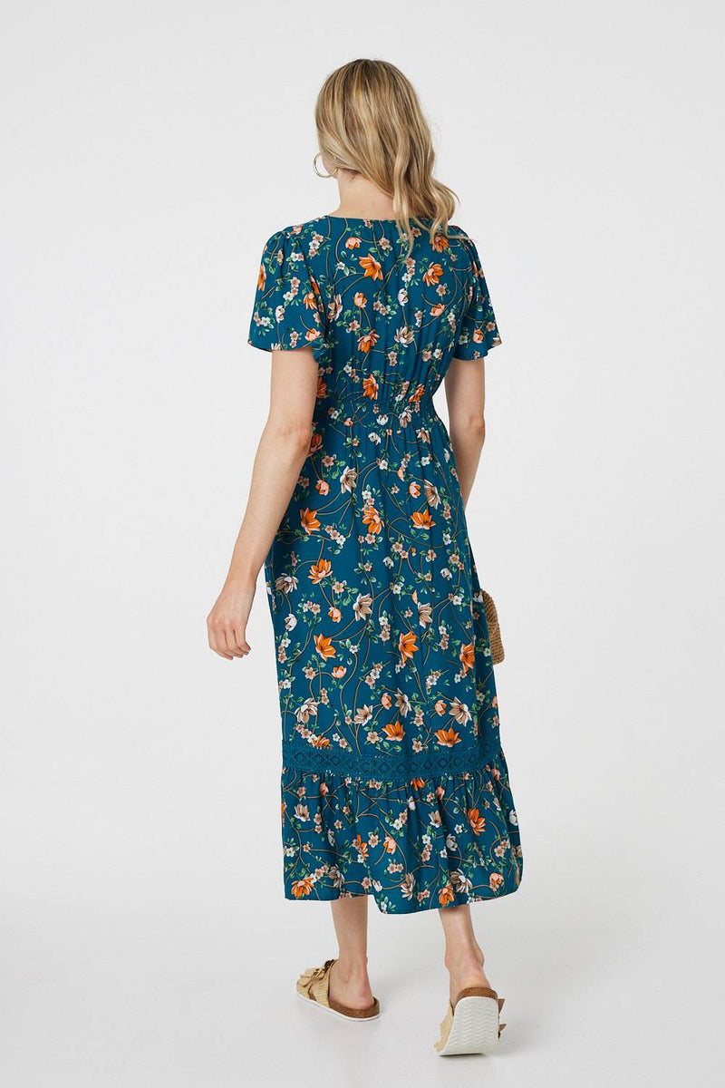 Floral Lace Trim Short Sleeve Midi Dress | Izabel London Floral Lace Trim Short Sleeve Midi Dress | Izabel London