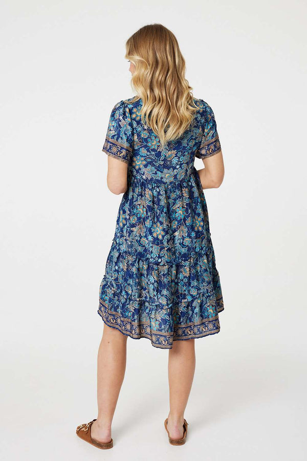 Teal | Paisley Border Print V-Neck Short Dress