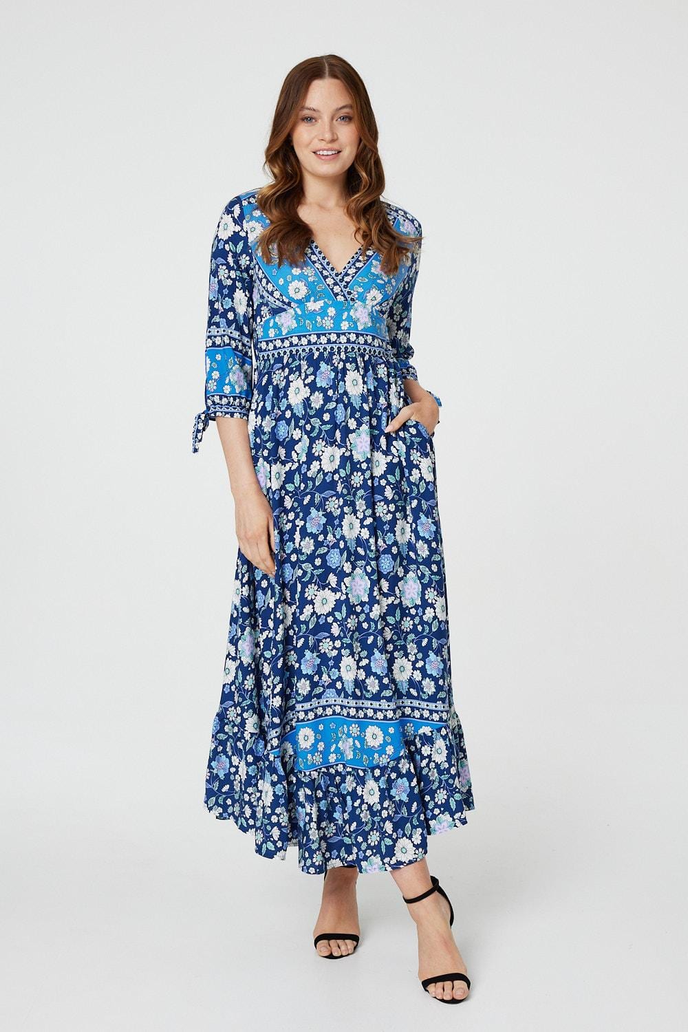 Navy | Floral Tie Sleeve Empire Dress