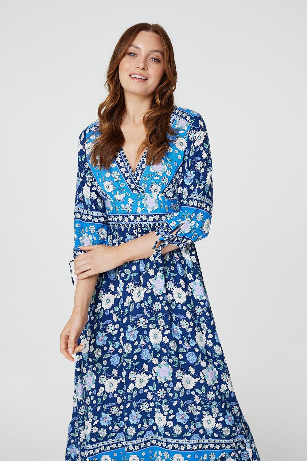 Navy | Floral Tie Sleeve Empire Dress
