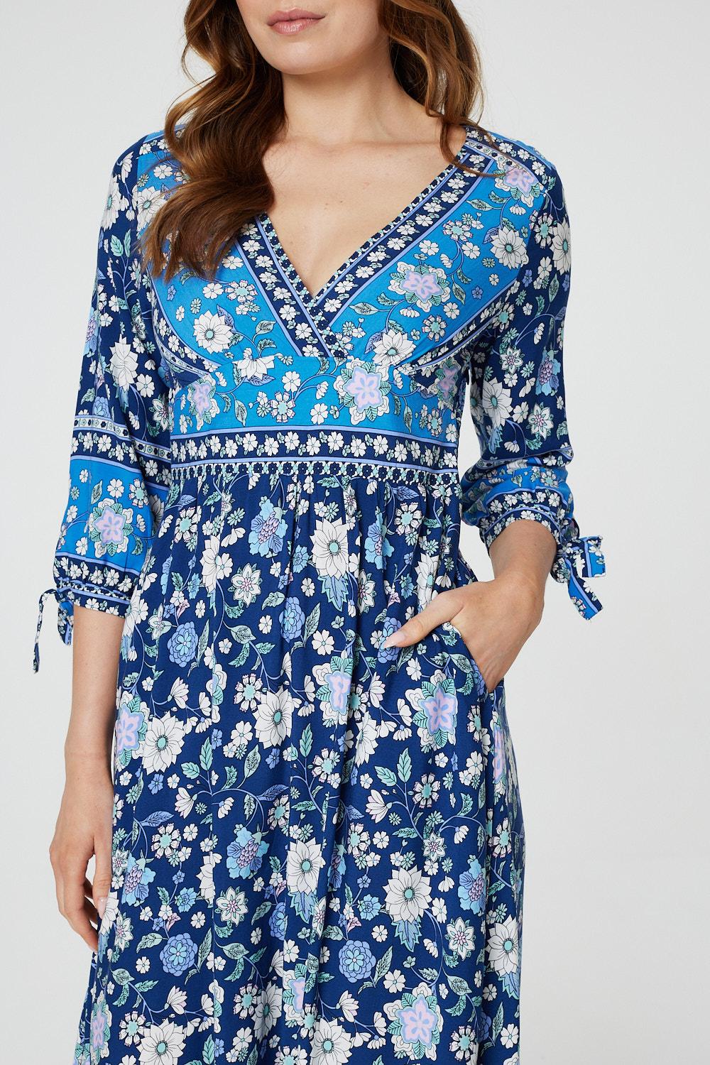 Navy | Floral Tie Sleeve Empire Dress