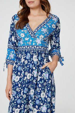 Navy | Floral Tie Sleeve Empire Dress