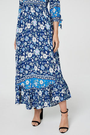Navy | Floral Tie Sleeve Empire Dress