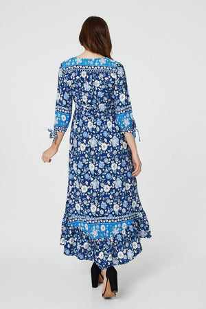 Navy | Floral Tie Sleeve Empire Dress