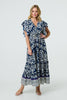 Navy | Mosaic Print Ruffle Batwing Sleeve Maxi Dress
