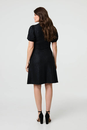 Black | Sparkly Short Sleeve Belted Wrap Dress