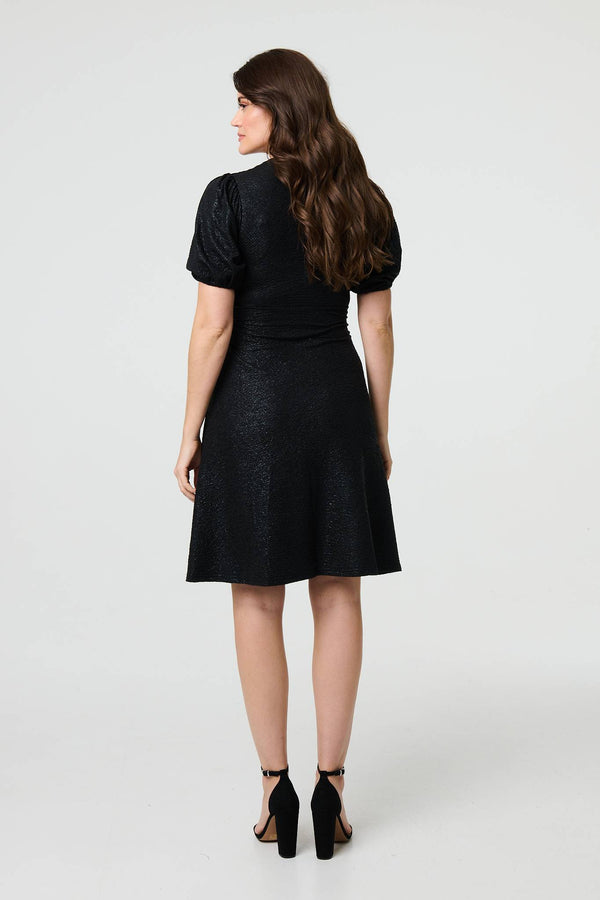 Black | Sparkly Short Sleeve Belted Wrap Dress