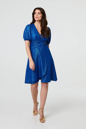 Blue | Sparkly Short Sleeve Belted Wrap Dress